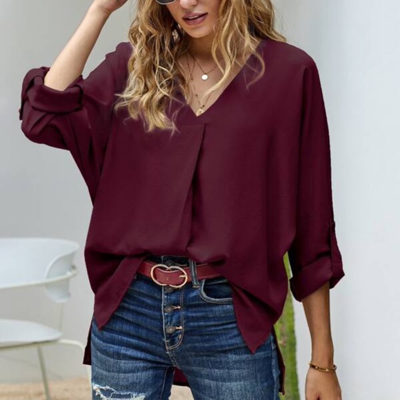 BellanBlue Tops - Burgundy V neck High Low Top Classic Minimalist Work Office
